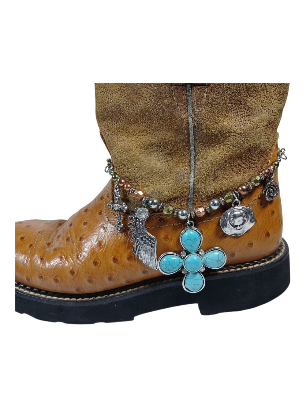 Western Boot Chain Jewelry Faux Turquoise Cross Rhinestones Hat Charms Copper